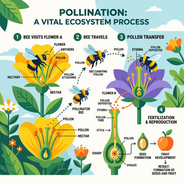 Pollination sequence illustrates the vital biological journey of bees transferring pollen between flowers to ensure fruit and seed development.