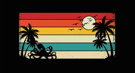 Retro octopus palm trees sunset design © Gulung