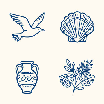 Mediterranean line art icons set, blue nautical illustrations of seagull and seashell, ancient greek amphora vase and tropical leaves vector