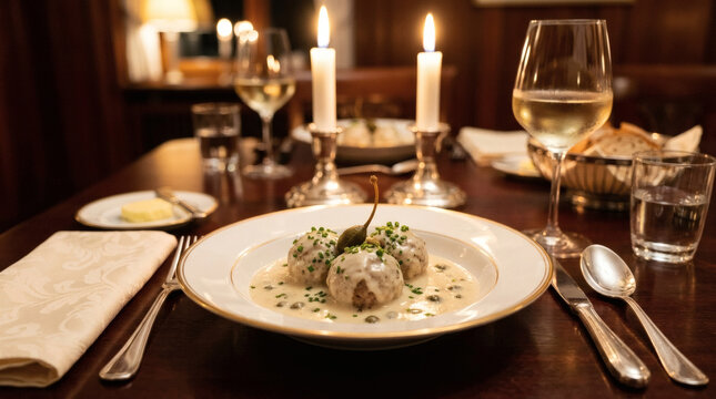 Koenigsberger Klopse Meatballs in Creamy Caper Sauce Elegant Dinner Setting