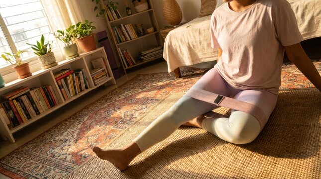 Indian Female Millennial Stretching Hip with Resistance Band