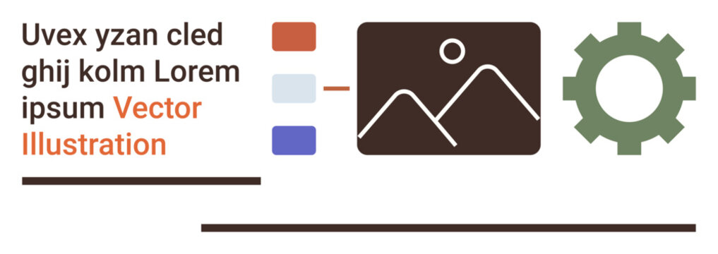 Data analytics, workflow automation, multimedia tools, project management, presentation design, and development. Features a gear, image frame and colored labels. Data analytics and workflow