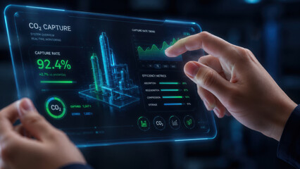Fototapeta premium Innovative carbon capture monitoring dashboard displays efficiency metrics and real time data tablet, showcasing advanced technology