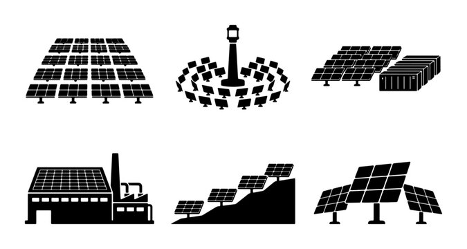 Solar Panel Icons Set, Renewable Energy Vector Graphics, Sustainable Power Collection, Clean Electricity Illustrations