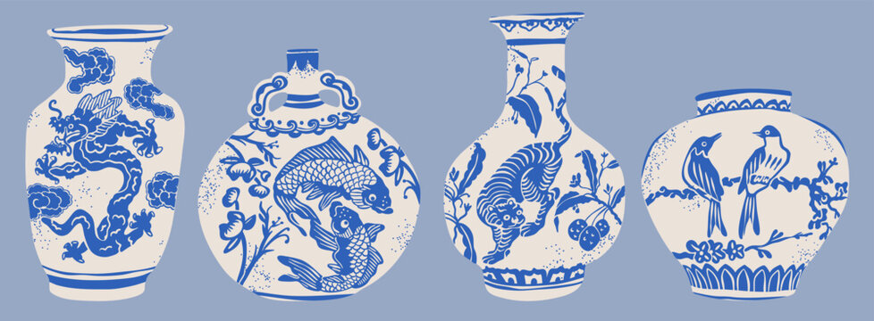 Traditional asian Chinese ceramic Vases. White blue porcelain. Dragon, fish, tiger, bird ornaments. Vintage oriental pottery. Various shapes. Hand drawn Vector illustration. Isolated design elements
