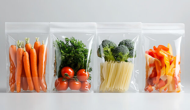 透明なプラスチック製ジップロックバッグに詰められた新鮮な人参、パセリ、トマト、ブロッコリー、パプリカなどの色鮮やかな野菜の詰め合わせを白い背景で撮影したスタジオ写真 vegetables carrots