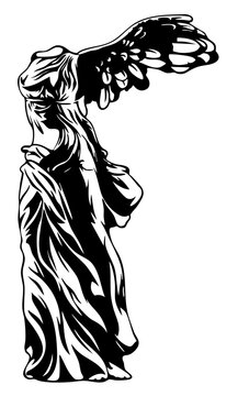 Winged ancient marble statue the Nike of Samothrace classical sculpture black and white vector illustration in engraving style