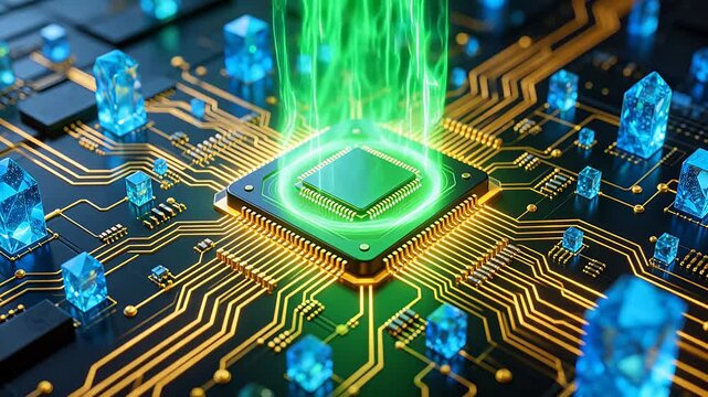 High-tech microchip with green light and golden circuit lines surrounded by blue crystals