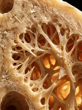 Close-up view of the intricate, porous, and trabecular structure of bone tissue, revealing its delicate network of interconnected struts.