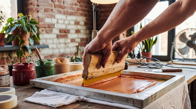 Craftsman applying orange ink to a silkscreen frame with a squeegee, demonstrating traditional screen printing process.