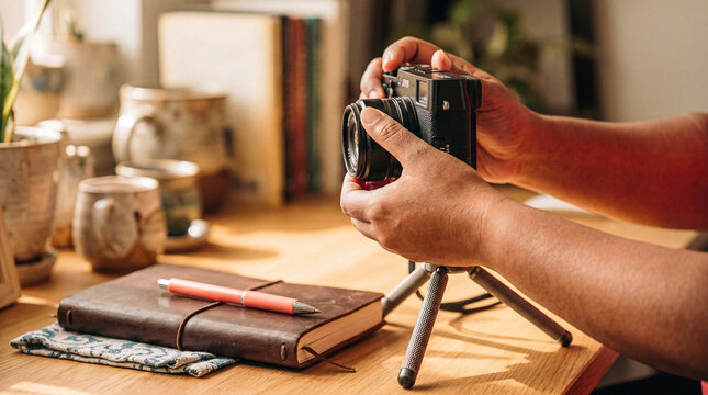Hands adjusting a compact mirrorless camera on a mini tripod on a wooden desk.