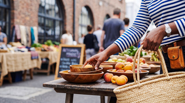 Young black woman hand picking fresh peaches from a wooden bowl at a vibrant outdoor farmers market during daytime.