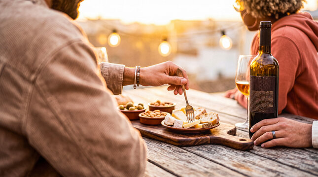 Diverse couple enjoying a romantic evening outdoors, sharing wine and appetizers on a cozy rooftop terrace at sunset.