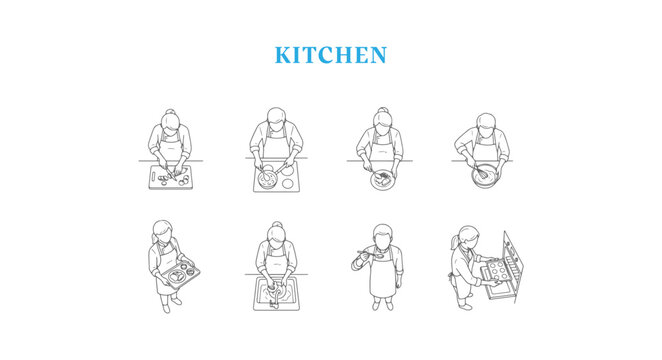 Kitchen Staff and Chef Architectural Human Scales Set &ndash; Isometric People Figures for Restaurant Floor Plans, Commercial Kitchen Design, and Culinary Interior Visualization