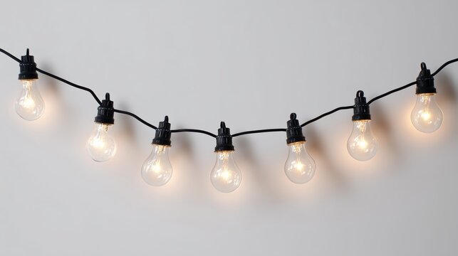 String lights with clear bulbs hang against a neutral background. The lights are evenly spaced and emit a warm glow, creating a cozy atmosphere.
