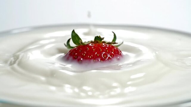 Fresh Strawberry Falling Into Milk Splash Cinematic Slow Motion 4k Food Video With Creamy Texture And Minimal Background