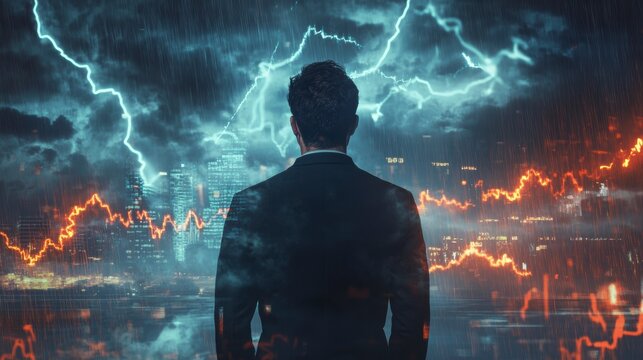 Businessman facing stormy financial crisis, stock market crash.