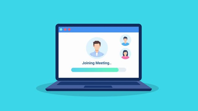 Animated flat illustration of a laptop displaying a virtual meeting interface with user profiles and communication elements, representing online collaboration and remote connection.