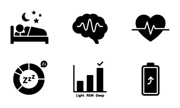 Sleep Cycle Icons, Brain Wave and Heartbeat Graphics, Health Monitoring Vector Set, Medical Data Visualization