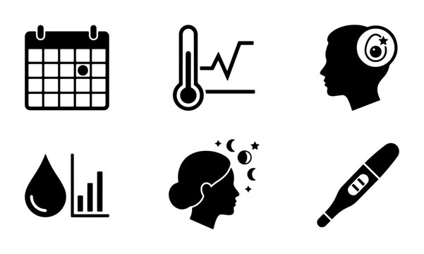 Fertility and Ovulation Tracking Icons Set, Menstrual Cycle Health Monitoring, Pregnancy Test and Thermometer Graphics, Medical Data Visualization