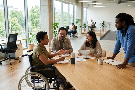 Woman with disability leading inclusive team meeting, discussing ideas and planning work at a contemporary conference table