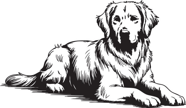 Detailed black and white vector illustration of a golden retriever dog resting calmly on the floor showing artistic fur texture and expressive facial features for design