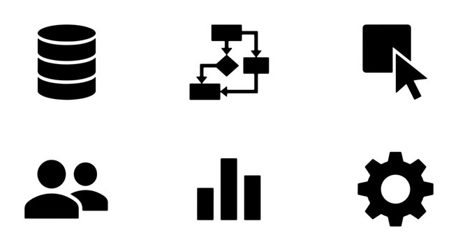 Set of 6 Black Vector Icons: Database, Flowchart, Cursor, Users, Bar Chart, Gear. Minimalist Icons for Business, Technology, and Data Analysis Concepts.