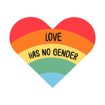 Retro pride heart graphic with Love Has No Gender slogan isolated on white. Minimalist 90s aesthetic design element with rainbow flag for LGBTQ pride month celebration and gender identity visibility.