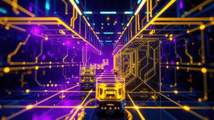 Fototapeta premium Neon tunnel, glowing lines, digital space. Futuristic perspective creates immersive experience. Bright colors dominate scene.