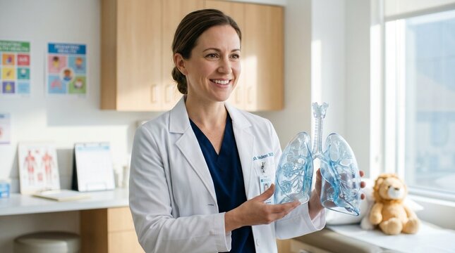Female pediatrician holding transparent lung model in medical clinic