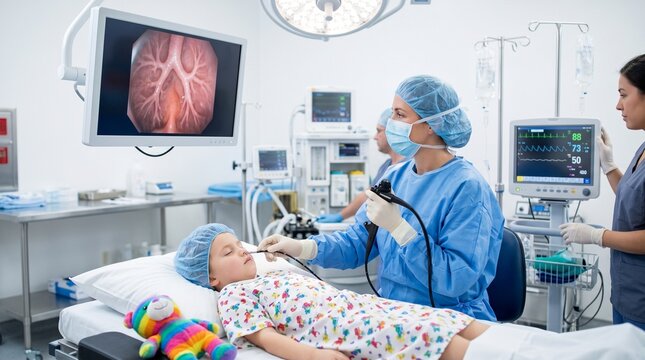 Medical team performing bronchoscopy on child in hospital operating room