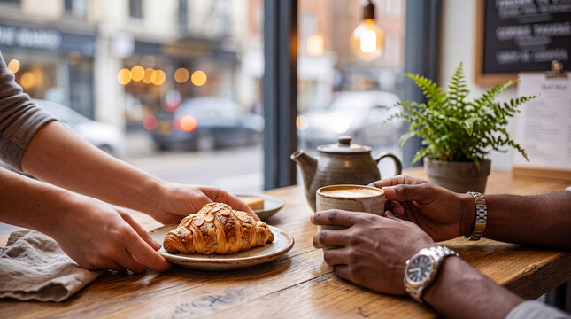 Server's hands placing a delicious croissant on a rustic wooden table for a customer enjoying coffee in a cafe.