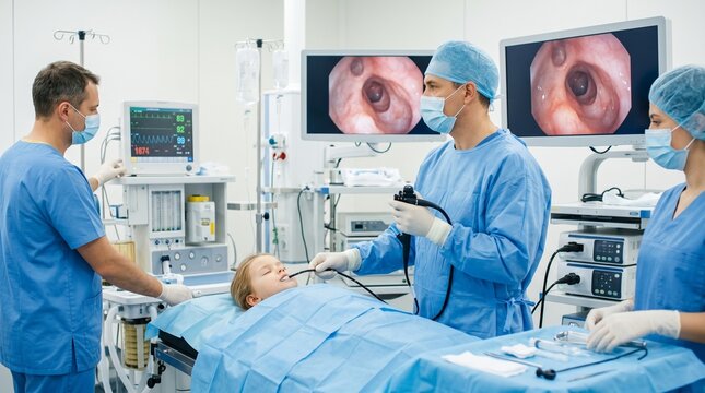 Medical team performing pediatric bronchoscopy on young child in hospital
