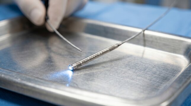Pediatric bronchoscope instrument lighting up on sterile surgical tray