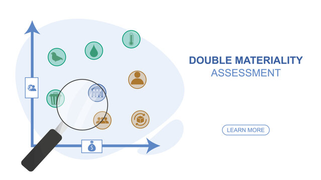 Double Materiality Assessment Banner Concept. ESG double materiality assessment graphic showing environmental and financial impact analysis. CSRD concept. Vector illustration
