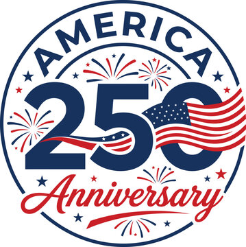 250th anniversary celebration badge with american flag and fireworks