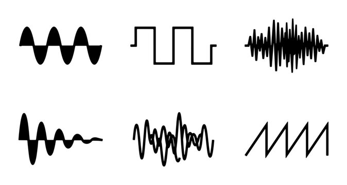 Diverse Sound Waveforms, Audio Signal Patterns, Electronic Oscillations, Music Spectrum Graphics, Six Abstract Wave Forms
