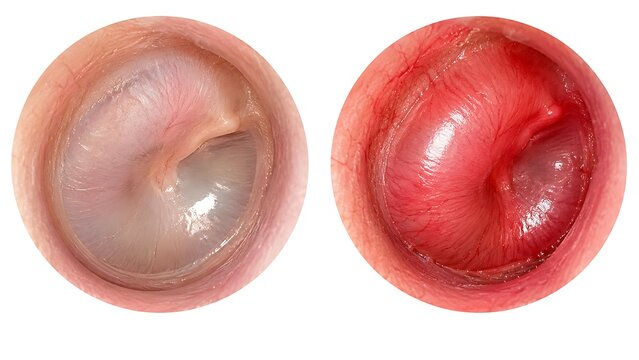 Healthy vs Inflamed Human Eardrum Comparison Illustration, Otitis Media and Ear Infection Medical Diagnosis Concept