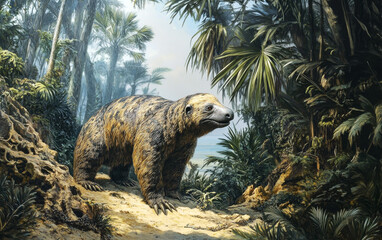 Fototapeta premium A powerful eremotherium, an enormous extinct ground sloth, moves cautiously through a dense, verdant jungle teeming with lush, vibrant foliage