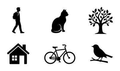 Silhouette Icons: Person with Backpack, Cat, Tree, House, Bicycle, Bird on Branch, Simple Vector Graphics for Lifestyle and Nature Themes © Sabrina