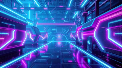 Fototapeta premium Futuristic corridor glows with vibrant neon lights. Complex geometric patterns define walls, floor, ceiling. Intense blue, pink hues dominate space.