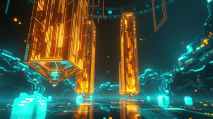 Fototapeta premium Futuristic digital tunnel. Glowing orange structures dominate dark space. Teal lines create complex network, suggesting data flow. Dramatic perspective.