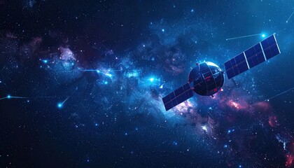 Naklejka premium Satellite Orbiting Through Vibrant Nebula in Deep Space.