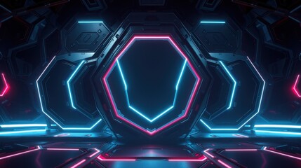 Fototapeta premium Futuristic corridor. Neon lights illuminate dark metallic walls, creating symmetrical perspective. Minimalist design suggests scifi setting.