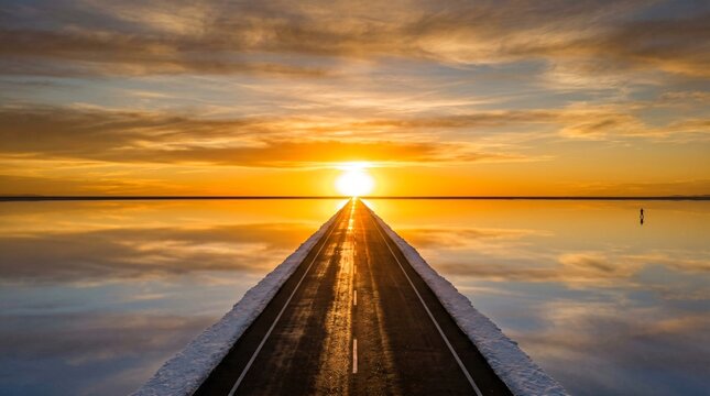 A solitary figure walks on a reflective road stretching into a golden sunset horizon