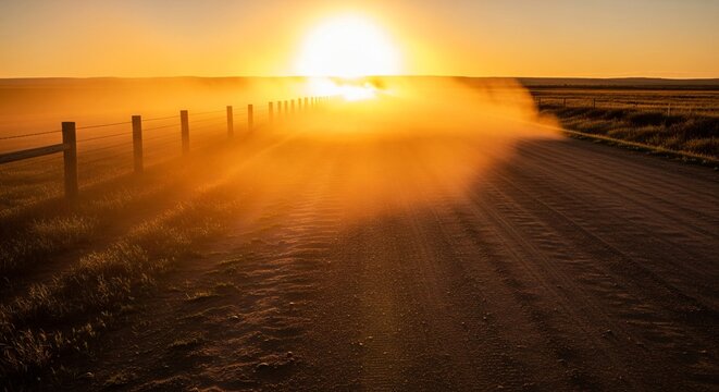 Dusty rural road stretching towards a bright setting sun with a fence line