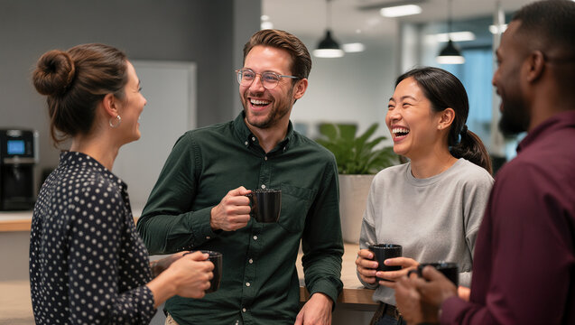Diverse corporate colleagues laughing together and sharing a happy moment over coffee in a bright office breakroom, reflecting natural candid emotion, teamwork, and a positive workplace culture.