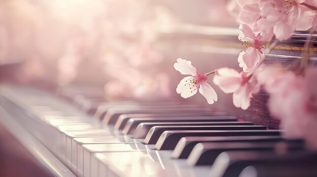 Piano keys with delicate pink cherry blossoms in soft sunlight.