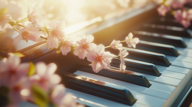 Pink cherry blossoms on a piano keyboard in sunlight.