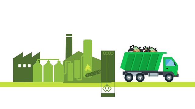 Waste-to-Energy Plant 2D Animation Showing Garbage Collection, Sorting, Incineration, and Renewable Power Generation for Sustainable Energy